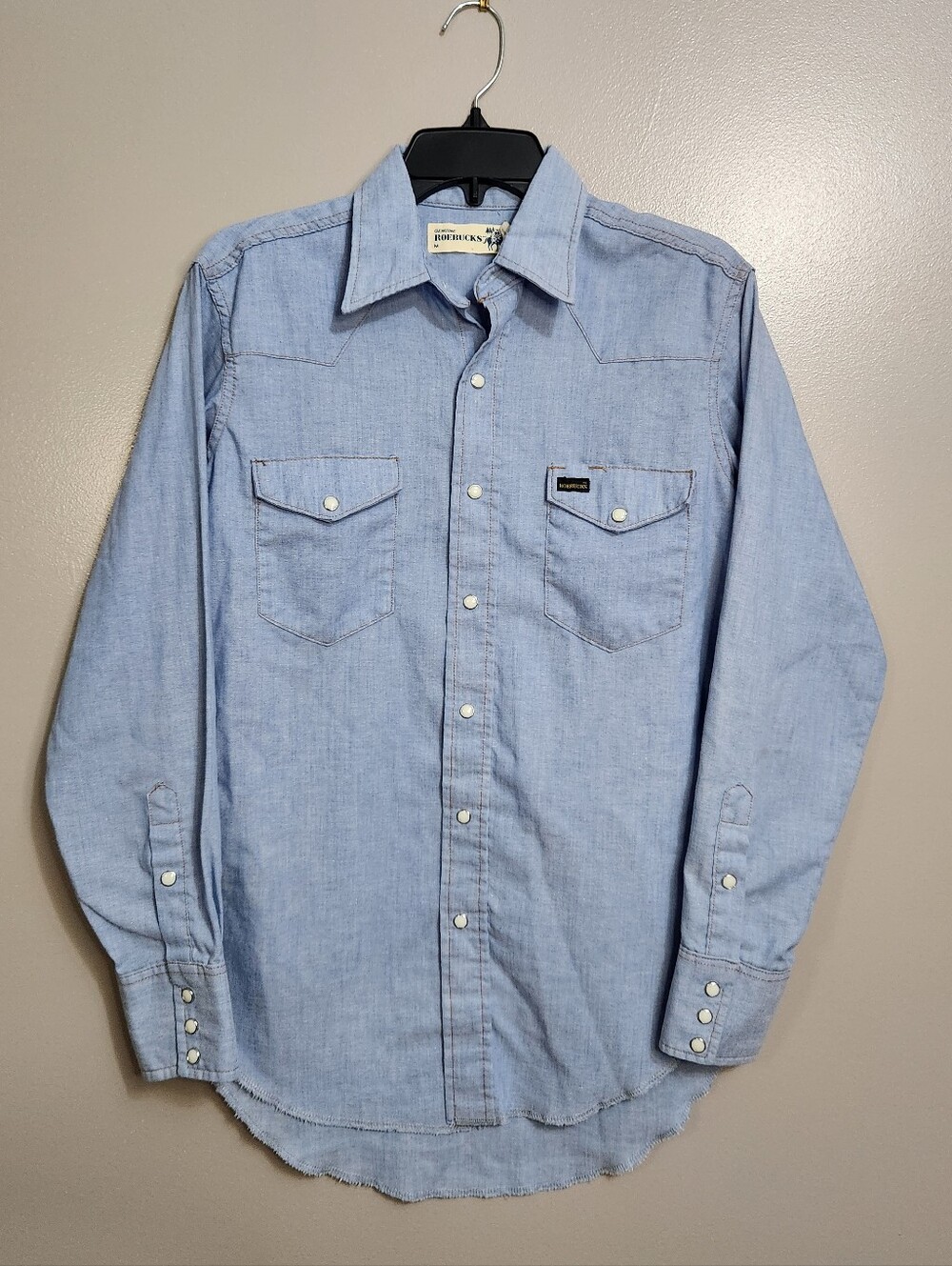 Vintage 70s Sears Roebucks Light Blue Western Pearl Snap Shirt Size Medium